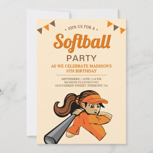 Oranje Softball Birthday Party Kaart (Voorkant)