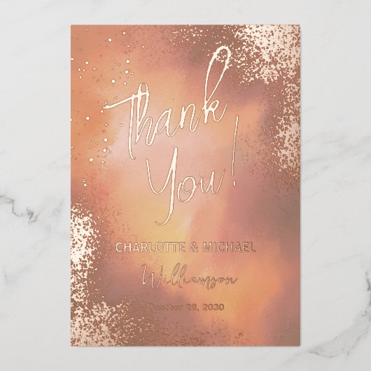 Oranje Sparkle Foto Overlay Bruiloft Dank u Folie Uitnodiging (Voorkant)