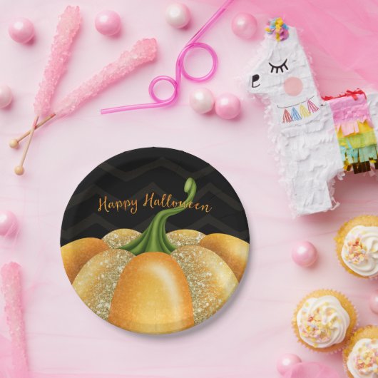 Oranje Sparkle Pumpkin Halloween Birthday Party Papieren Bordje (Feest)