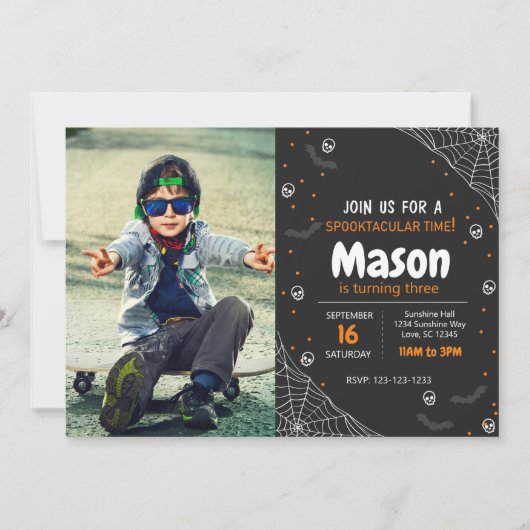 Oranje Spider Halloween Birthday Uitnodigen met fo Kaart (Voorkant)