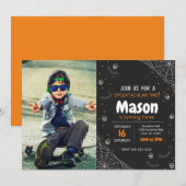 Oranje Spider Halloween Birthday Uitnodigen met fo Kaart (Voorkant / Achterkant)