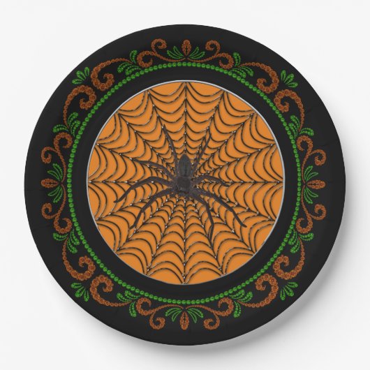 Oranje Spider Web en Black Spider Halloween Papieren Bordje (Voorkant)
