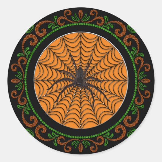 Oranje Spider Web en Black Spider Halloween Ronde Sticker (Voorkant)