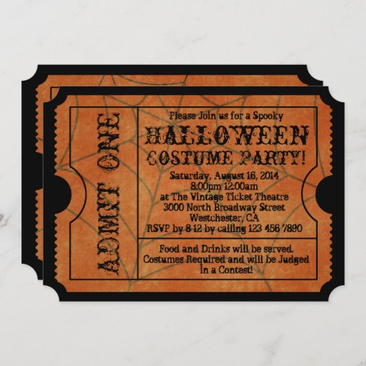 Oranje spin Web Halloween Party Ticket Kaart (Voorkant / Achterkant)