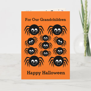 Oranje Spinnen Gelukkig Halloween Kleinkinderen Kaart