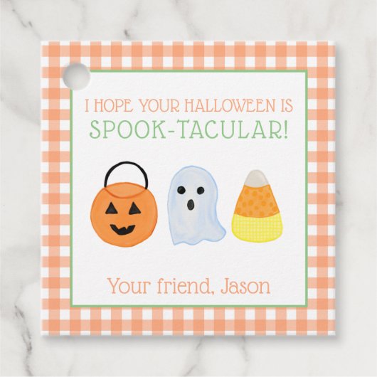 Oranje Spook-tacular Halloween Spooky Trick Treat Bedankjes Labels (Voorkant)