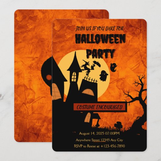 Oranje Spooky Halloween Party Invitation Kaart (Voorkant / Achterkant)