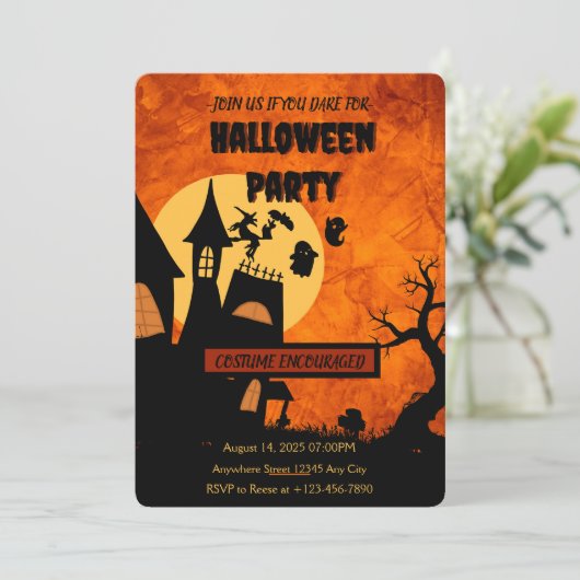 Oranje Spooky Halloween Party Invitation Kaart (Staand voorkant)