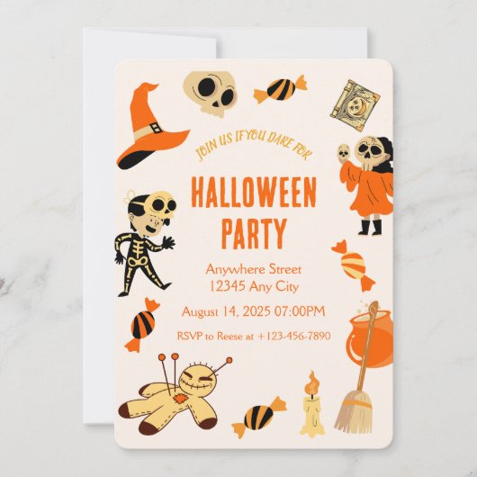 Oranje Spooky Kind Halloween Party Invitation Kaart (Voorkant)