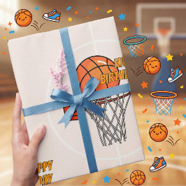 Oranje Sportieve Basketbal Hoop Happy Birthday Cadeaupapier