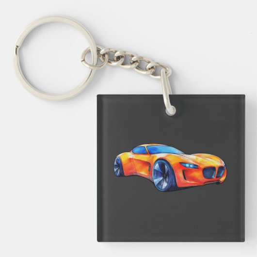 Oranje sportwagen concept potloodschets sleutelhanger (voorkant)