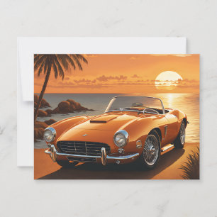 Oranje sportwagen zonsondergang tropisch strand briefkaart
