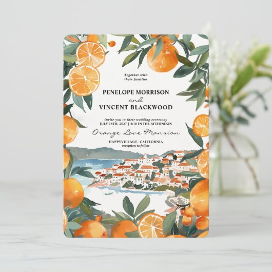 Oranje stad 2 bruiloft uitnodiging (Staand voorkant)