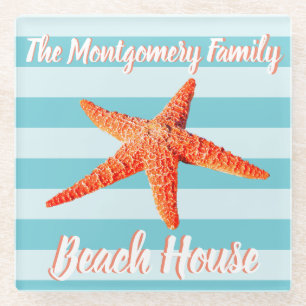 Oranje Starfish & Familienaam van het Beach House Glazen Onderzetter