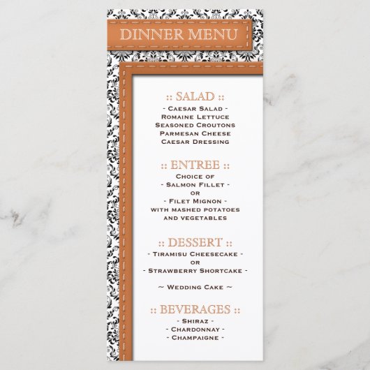 Oranje Stitched Damask Wedding Reception Menu (Voorkant)