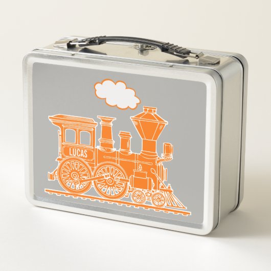 Oranje stoomlocomotief kinder naam lunchbox (Achterkant)