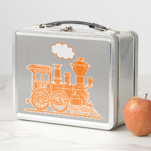 Oranje stoomlocomotief kinder naam lunchbox