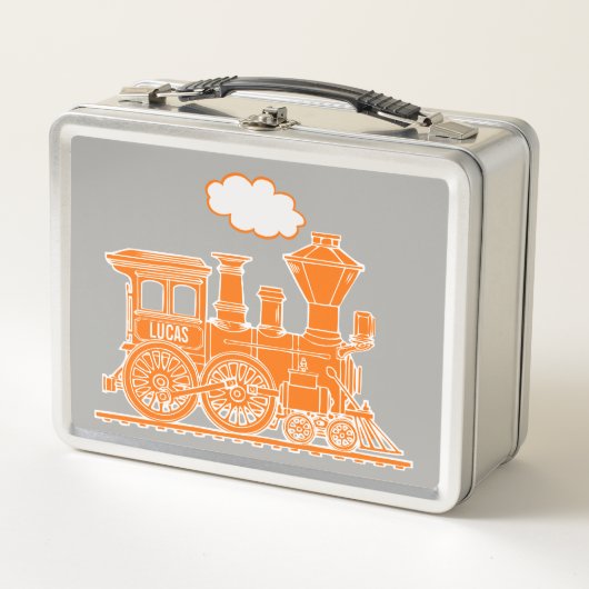 Oranje stoomlocomotief kinder naam lunchbox (Voorkant)