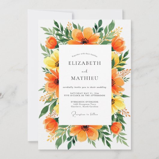 Oranje Stralende Botanische Bruiloft Kaart (Voorkant)