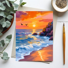 Oranje strand zonsondergang | kustschilderij briefkaart