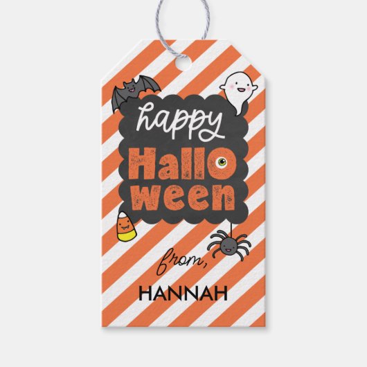 Oranje Stripe Happy Halloween Kinder Treat Cadeaulabel (Voorkant)
