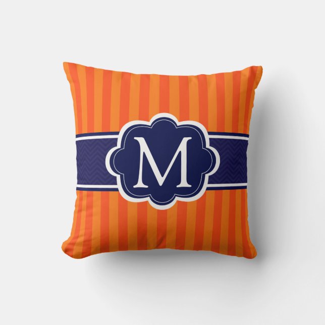 Oranje Stripes Navy Blue Custom Monogram Initiaal Kussen (Voorkant)
