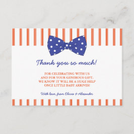 Oranje strips en blauwe bob | Baby shower Hartelij Bedankkaart