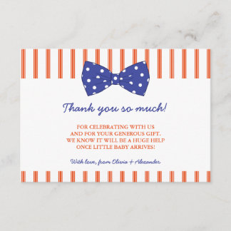 Oranje strips en blauwe bob | Baby shower Hartelij Bedankkaart