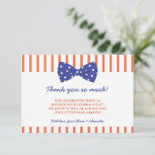 Oranje strips en blauwe bob | Baby shower Hartelij Bedankkaart (Staand voorkant)
