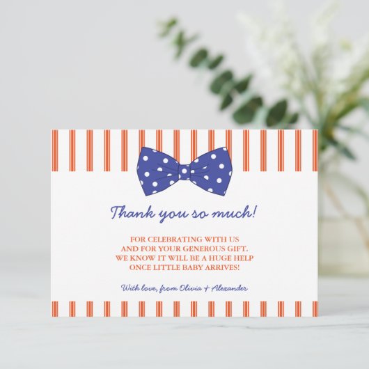 Oranje strips en blauwe bob | Baby shower Hartelij Bedankkaart (Staand voorkant)