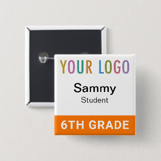 Oranje studentennaamkaart knop met school logo vierkante button 5,1 cm