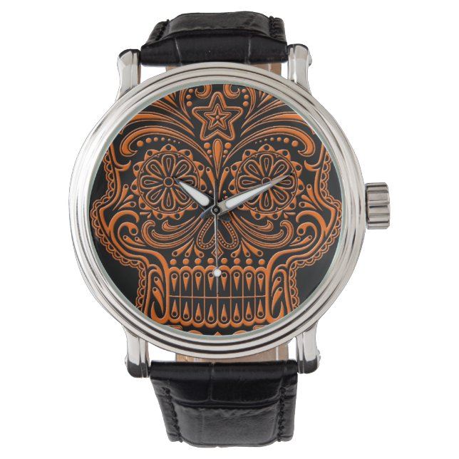 Oranje suikerschedel op zwart horloge (Voorkant)