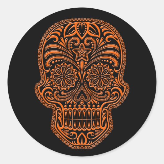 Oranje suikerschedel op zwart ronde sticker (Voorkant)
