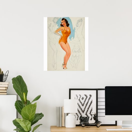 Oranje Suite met Schetsen Pin Up Art Poster (Thuiskantoor)