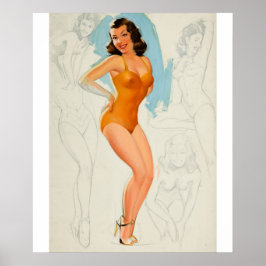 Oranje Suite met Schetsen Pin Up Art Poster