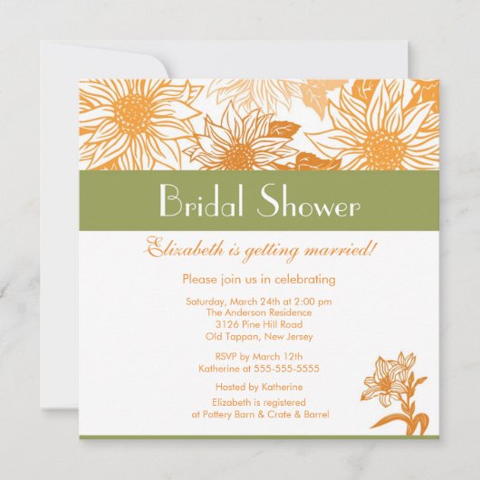Oranje Sunflower Bridal Shower Invitation Kaart (Voorkant)