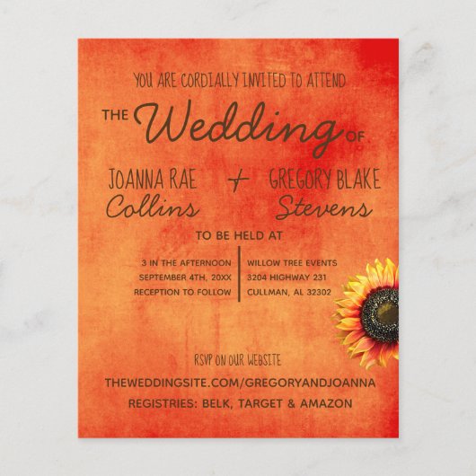 Oranje Sunflower Wedding Invitation Flyer (Voorkant)