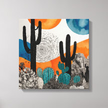 Oranje Sunset Desert Cactus Waterverf Wall Art