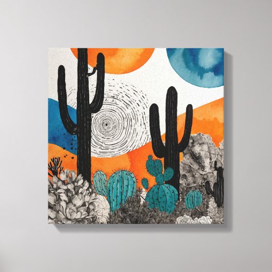 Oranje Sunset Desert Cactus Waterverf Wall Art Canvas Afdruk (Voorkant)