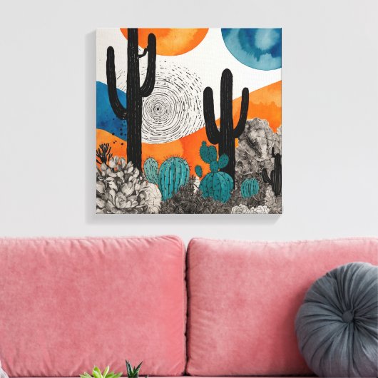 Oranje Sunset Desert Cactus Waterverf Wall Art Canvas Afdruk (Insitu (Woonkamer))