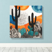 Oranje Sunset Desert Cactus Waterverf Wall Art Canvas Afdruk (Insitu (Houten vloer))