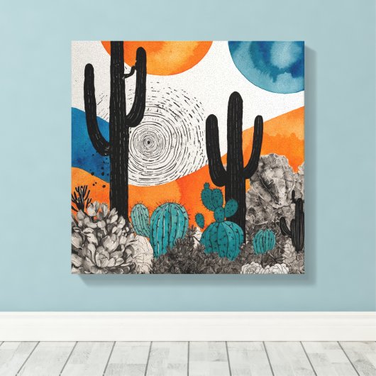 Oranje Sunset Desert Cactus Waterverf Wall Art Canvas Afdruk (Insitu (Houten vloer))