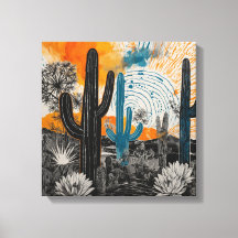 Oranje Sunset Desert Cactus Waterverf Wall Art