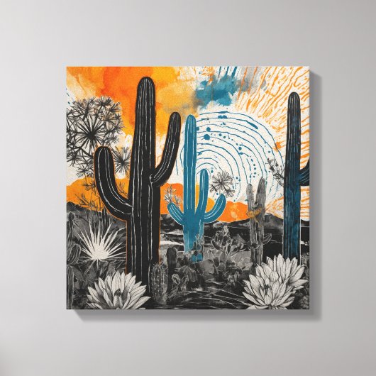 Oranje Sunset Desert Cactus Waterverf Wall Art Canvas Afdruk (Voorkant)