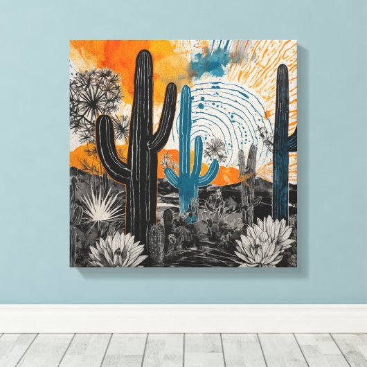 Oranje Sunset Desert Cactus Waterverf Wall Art Canvas Afdruk (Insitu (Houten vloer))