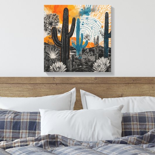 Oranje Sunset Desert Cactus Waterverf Wall Art Canvas Afdruk (Insitu (Slaapkamer))