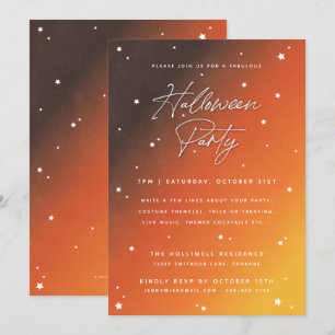 Oranje Sunset Script en Stars Halloween Party Kaart