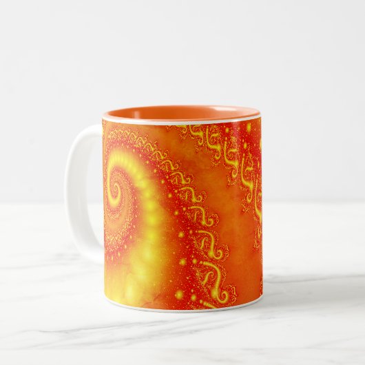 Oranje Sunshine Abstract Fractal Spiral Monogram Tweekleurige Koffiemok (Voorkant links)