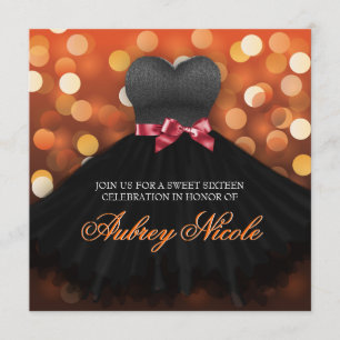 Oranje Sweet Sixteen Black Dress Birthday Invite Kaart