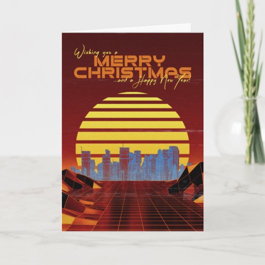 Oranje Synthwave Kerstkaart Feestdagen Kaart (Voorkant)